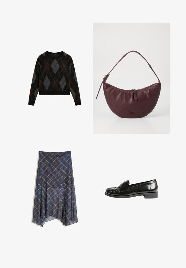 Zwarte en grijze argyle-patroon trui, gemaakt van zacht materiaal, met een ronde hals en een cropped pasvorm, die een fuzzy textuur laat zien.; Zwarte geruite rok met blauwe en bruine lijnen, vloeiende stijl, middellang, gemaakt van lichte stof met een gladde textuur.; Zwarte leren instappers met een glanzende afwerking, voorzien van een ronde neus, gestikte details en een lage blokhak. Sterke textuur en klassiek ontwerp.; Bordeaux lederen handtas met een gebogen ontwerp, voorzien van een ritssluiting, twee ritslussen en een korte schouderband. De details omvatten een geperst logo.