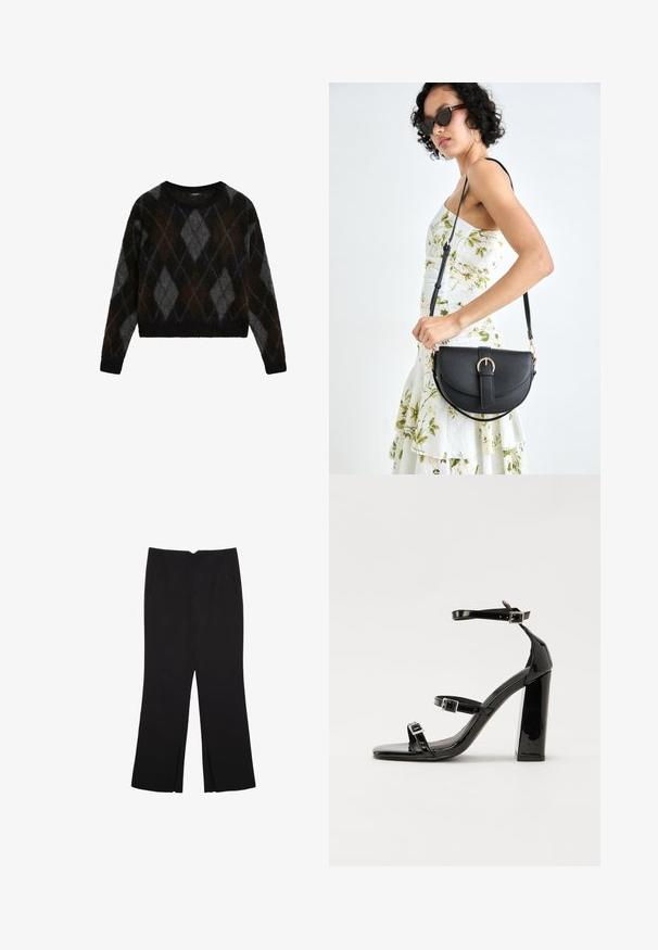Czarny i szary sweter w wzór argyle, wykonany z miękkiego materiału, z okrągłym dekoltem i krótkim krojem, prezentujący puszystą teksturę.; Czarne spodnie o prostym kroju, z przednimi kieszeniami i bocznymi rozcięciami na dole. Wykonane z miękkiego, gładkiego materiału. Odpowiednie na różne okazje.; Czarne lakierowane sandały na wysokim obcasie, z dwoma paskami zapinanymi na klamry, kwadratowy nosek i masywny obcas typu słupek, o gładkiej, błyszczącej fakturze.; Czarna skórzana torebka o zakrzywionym kształcie, z odpinanym paskiem i złotymi akcentami. Torebka posiada klapę z zapięciem w kształcie klamry.