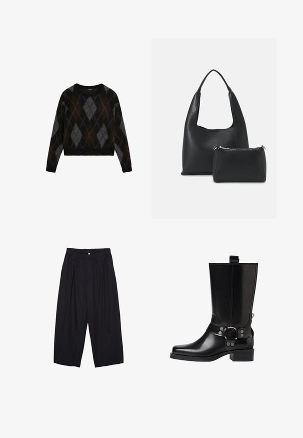 Zwarte en grijze argyle-patroon trui, gemaakt van zacht materiaal, met een ronde hals en een cropped pasvorm, die een fuzzy textuur laat zien.; Zwarte polyester culottes met een elastische tailleband, twee voorkreukels en een losse pasvorm. Geen zichtbare patronen of hardware-details.; Zwarte leren kniehoog laars met een puntige neus, zilverkleurige gesp accentuaties en een stevige hak. Beschikt over een trekband voor eenvoudig aan- en uittrekken.; Even&Odd Handtas - black