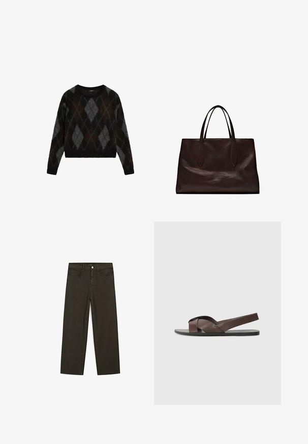 Black and gray argyle-patterned sweater, made of soft fabric, with a round neckline and cropped fit, showcasing a fuzzy texture.; Dark green wide-leg jeans made of cotton blend, featuring a front button closure, five pockets, and classic denim stitching.; Brown leather sandal with a cross-strap design, flat black sole, and adjustable back strap. Smooth texture and minimal hardware details.; Massimo Dutti Handbag - brown