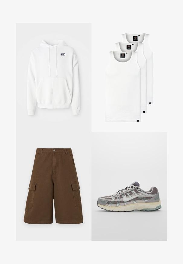 Hoodie branco feito de um tecido com uma textura suave. Apresenta um bolso frontal, cordões e um pequeno logótipo azul da Nike no peito.; Três tops em algodão de alças brancas com nervuras. Apresentam um decote redondo e pequenas etiquetas pretas perto da bainha. Disponíveis em vários tamanhos.; Bermudas castanhas com corte reto, dois bolsos laterais e fecho frontal com botão. Feitas em tecido de algodão durável com acabamento mate.; Sapatilha atlética cinza com parte superior em malha e camurça, detalhes brancos, sola acolchoada e um design distinto com elementos refletivos.