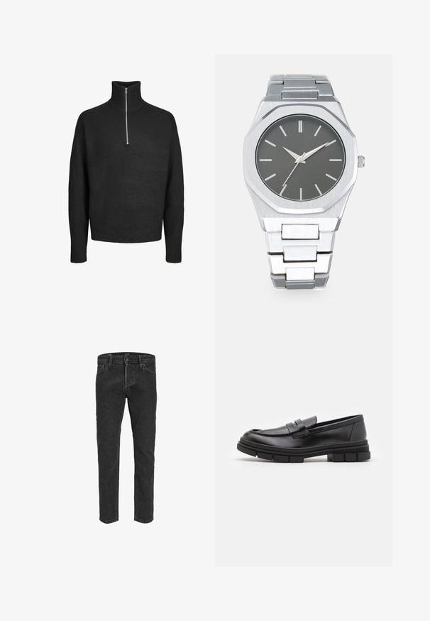 Crni pleteni pulover s visokim ovratnikom i zatvaranjem na pola municije. Ima rebraste manšete i rub, izrađen je od mekog, teksturiranog materijala.; Crne traperice s ravnim krojem, pet džepova i petljicama za remen, s lagano izblijedjelom teksturom i kontrastnim šavovima.; Crni kožni loafers s glatkom završnom obradom, s detaljem prednjeg remena i debelim gumenim potplatom s urezanim akcentima.; Srebrni analogni sat s osmostranim kućištem, sivoj brojčanici, srebrnim markerima za sate i narukvicom od nehrđajućeg čelika. Minimalistički dizajn s glatkom teksturom.
