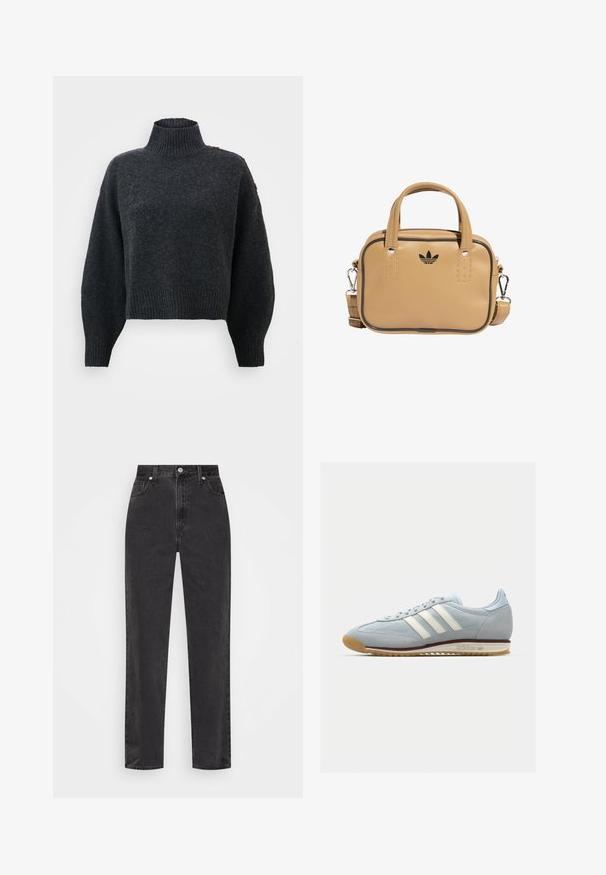 Maglione corto grigio scuro con collo alto a costine, maniche larghe e finitura testurizzata. Presenta dettagli con bottoni sulla spalla.; Jeans in denim nero a gamba dritta con vita alta, bottone e cerniera frontali, e cinque tasche su uno sfondo bianco.; Sneaker in suede bluastro con tre strisce bianche, suola in gomma e tessuto a rete testurizzato. Presenta un copri punta liscio e un marchio sul tallone.; Borsa in ecopelle color tan con due manici, tracolla removibile, cuciture nere a contrasto e un piccolo logo nero sul davanti.