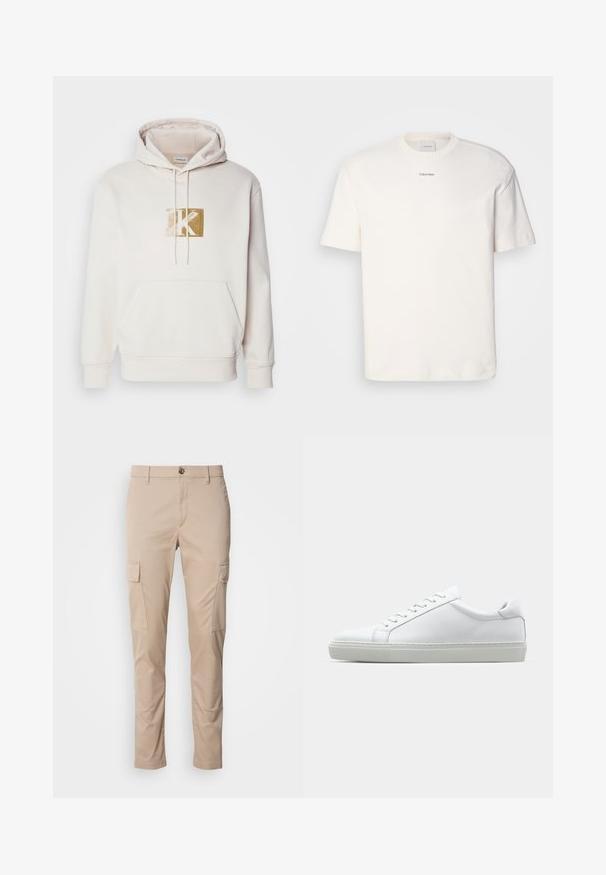 Világos bézs színű, puha anyagból készült kapucnis pulóver, elülső zsebbel és húzózsinórral. Középre helyezett, arany színű logó található a mellrészen, négyzet alakú dizájnban.; Fehér pamut póló, kerek nyakkal, rövid ujjakkal és hímezett "Calvin Klein" logóval a mellkas közepén. Egyszerű design.; Barna gombos ing, gallérral, hosszú ujjakkal, mellzsebbel és sima textúrával. Szürke gombok találhatók az elején.; Beige cargo nadrág, két oldalsó zsebbel, slim fit szabással, könnyű anyagból készült, elöl gombos záródással és övhurkokkal.; Fehér sportcipő sima bőr felső résszel és alacsony profilsal. Kerek orr, hat fűzőlyuk és barázdált gumitalp jellemzi.