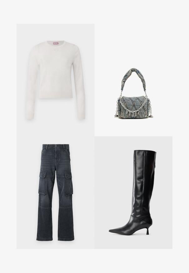 Fehér, hosszú ujjú pulóver kerek nyakkal. Puha anyagból készült. A mellkasán egy kis, diszkrét logó található. Egyszerű, minimalista dizájn.; Sötétszürke cargo nadrág, denim anyagból készült, két oldalsó zsebbel és széles lábú fazonnal. Varrott részletezés a varratokon és éleken.; Fekete bőr, térd fölé érő csizma hegyes orral és karcsú, ívelt sarokkal. Sima tapintás, testhez simuló kialakítás, és látható fémalkatrészek vagy minták nélkül.; Farmer táska steppelt mintával, kék színben, rövid fonott kézi fogantyúval és ezüst lánc pánttal, amelyen fényes márkaneves díszítés található.