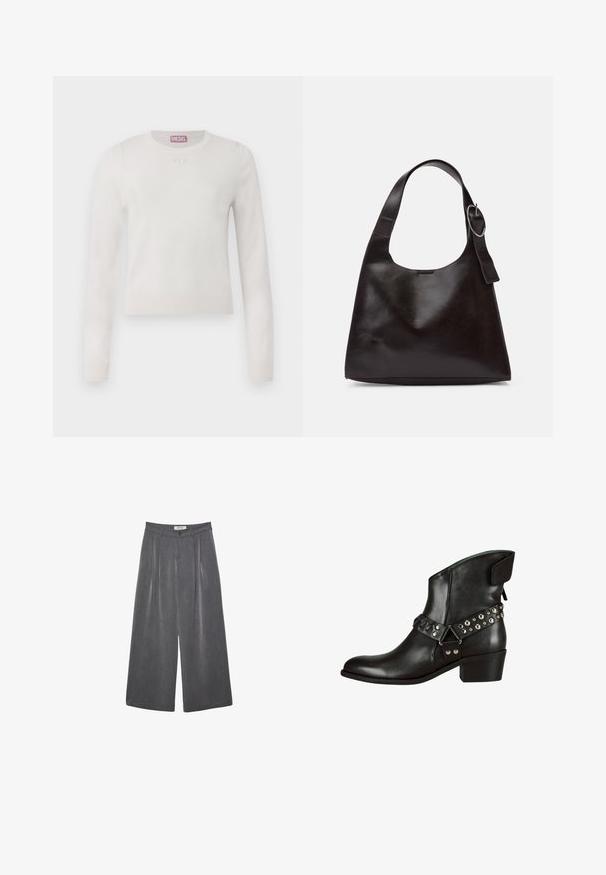 Weißer langärmeliger Pullover mit rundem Halsausschnitt. Aus weichem Material gefertigt. Verfügt über ein kleines, dezentes Logo auf der Brust. Einfaches, minimalistisches Design.; Faltenhose mit weitem Bein aus einem dunkelgrauen Stoff mit subtiler Textur. Verfügt über einen Knopfverschluss und ein klassisches Design des Bunds.; Schwarze Leder-Stiefeletten mit spitzer Zehenpartie, akzentuiert durch metallische Nieten und einen dekorativen Riemen. Niedriger Blockabsatz und glatte Textur.; Braune Lederumhängetasche mit glatter Textur, runder Form, breitem Tragegurt und metallischem, kreisförmigem Akzent am Griff.