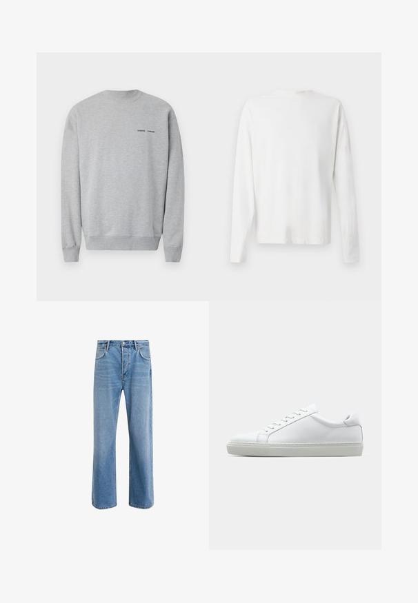 Sweatshirt cinzento em mistura de algodão, com decote e punhos canelados. Pequeno texto logo preto no peito. Textura suave e corte descontraído.; Camisa de algodão branca de mangas longas com decote redondo, fendas laterais na parte inferior e uma textura suave, mostrada de trás.; Calças de ganga azul claro com um design de perna reta, cinco bolsos, fecho de botão, desgaste mínimo e detalhes de costura em contraste.; Sapatilha branca com um cabedal em couro liso e de perfil baixo. Apresenta um bico redondo, seis ilhoses e uma sola de borracha texturizada.