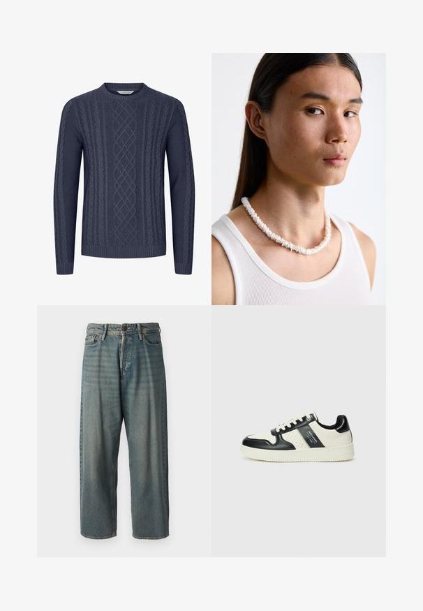 Marineblauer Strickpullover mit strukturierten Zopfmustern, Rundhalsausschnitt und gerippten Bündchen und Saum. Hergestellt aus weichem, strapazierfähigem Material.; Helle blaue Denim-Jeans mit lockerer Passform, mittelhoher Taille und geraden Beinen. Hat fünf Taschen, Gürtelschlaufen und einen Knopfverschluss.; Leder-Sneaker in Schwarz- und Cremetönen, mit perforierten Akzenten, einem gepolsterten Kragen und einer strukturierten Laufsohle.; Weißes Muschelkette, die aus unregelmäßigen Formen besteht, getragen über einem enganliegenden weißen Tanktop. Glatte Textur mit subtiler Schattierung, körpernahe Passform.