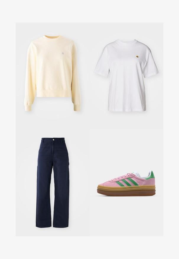 Lys gul hettegenser med lang ermer, rund hals, ribbestrikkede mansjetter og en liten logo på brystet. Laget av mykt, teksturert stoff.; Hvit bomulls t-skjorte med avslappet passform, korte ermer og en liten brodert logo på venstre brystområde.; Marineblå vide bukser med cargo-design laget av solid bomullsstoff, med sidelommer og knappelukking i midjen.; Rosa semskede sneakers med grønne striper, hvite detaljer og en brun gummisåle. Har teksturert stoff og logodetaljer på siden.