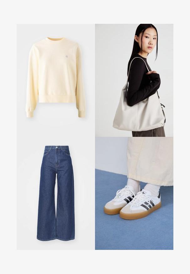 Světle žlutá mikina s dlouhými rukávy, kulatým výstřihem, žebrovanými manžetami a malým logem na hrudi. Vyrobena z měkké, strukturované tkaniny.; Široké džíny vyrobené z tmavě modrého denimu. Vysoký pas s zipem a knoflíkovým zapínáním. Obsahují klasický pětikusý styl a obroubené okraje.; Bílé tenisky s černými pruhy a béžovými semišovými akcenty. Mají texturovanou gumovou podrážku a ploché bílé tkaničky, nošeny s světlými ponožkami.; Beige kabelka vyrobená z měkkého materiálu, s volným designem, prošívanými detaily a dvěma ramenními popruhy. Vhodná pro každodenní použití.