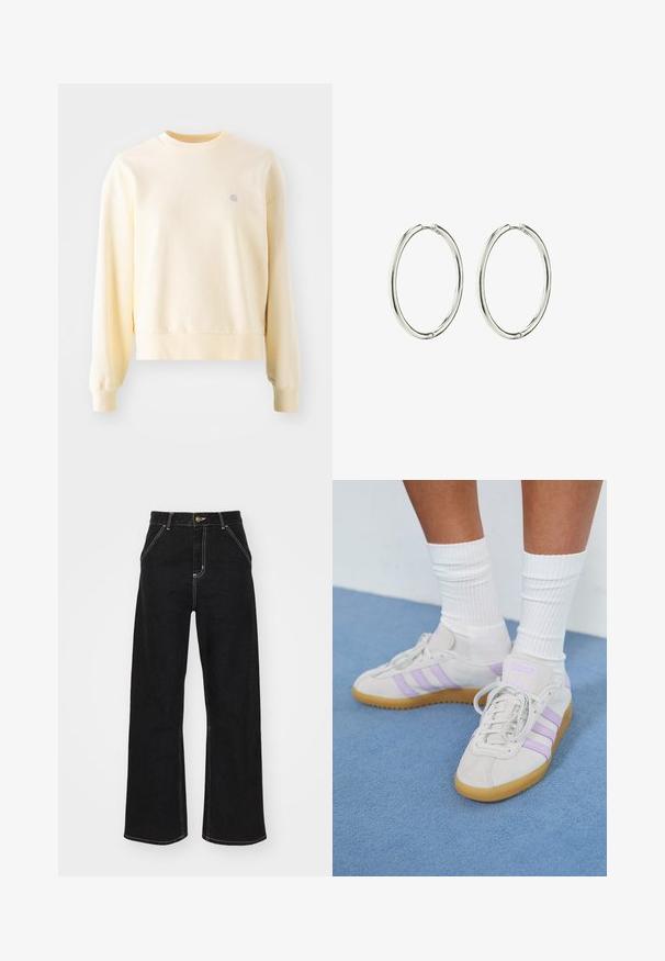 Gai dzeltena sporta krekla ar garām piedurknēm, apaļu kakla izgriezumu, ribotām aprocēm un mazu logotipu uz krūšu daļas. Izgatavots no mīksta, teksturēta auduma.; Melnas platajās biksēs, kas izgatavotas no denima, ar kontrastējošas baltas šuves un priekšējo pogu aizdari, kā arī divām slīpajām priekšējām kabatām.; Gai pelēki zamšādas sporta apavi ar trim lilā svītrām, gumijas zole, plakano šņorēšanu un baltām ribotajām zeķēm. Fons ir zils.; Sudraba riņķveida auskari ar gludu, pulētu apdari. Apaļas formas, viegla konstrukcija, ar drošu aizdari.