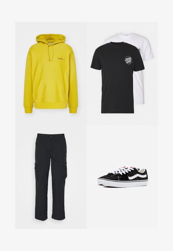 Gul hættebluse lavet af en bomuldsblanding. Har en frontkangaroo lomme, ribbede manchetter og et lille logo på brystet.; Pakke med to t-shirts: en sort og en hvid. Begge har korte ærmer og et cirkulært logo på brystet i kontrastfarve. Materialet er bomuld.; Sorte cargo-bukser lavet af vævet stof. Har justerbar talje, sidelommer og to værktøjslommer med lynlås.; Sorte ruskinds sneakers med hvide snørebånd, der har en fremtrædende hvid side-stribe og sort gummisål, som fremhæver kontrastsyninger.