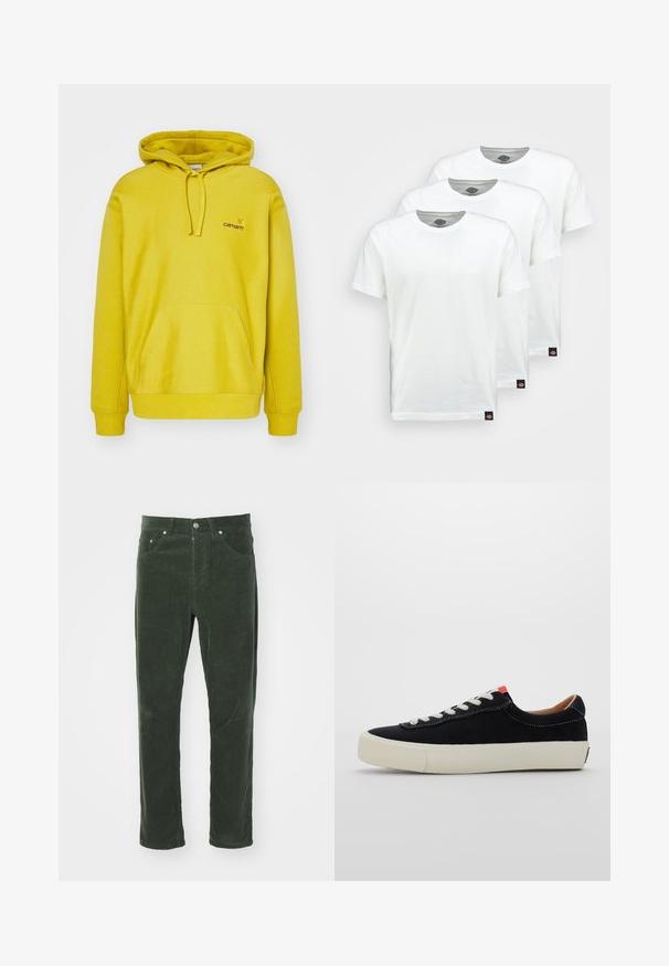 Rumena kapuca s kapuco, izdelana iz mešanice bombaža. Ima sprednji kenguru žep, rebraste manšete in majhen logo na prsih.; Tri obične bele bombažne majice s kratkimi rokavi. Vsaka majica ima okroglo ovratnico in majhno črno oznako na levi strani.; Zelene kordne hlače s ravnim krojem, ki imajo pet žepov, kovinski gumb za zapiranje in teksturirano rebrasto površino.; Črni platneni športni copat z belimi vezalkami, bež gumijastim podplatom in rdečim poudarkom na peti. Okrogla konica in minimalni detajli šivanja.