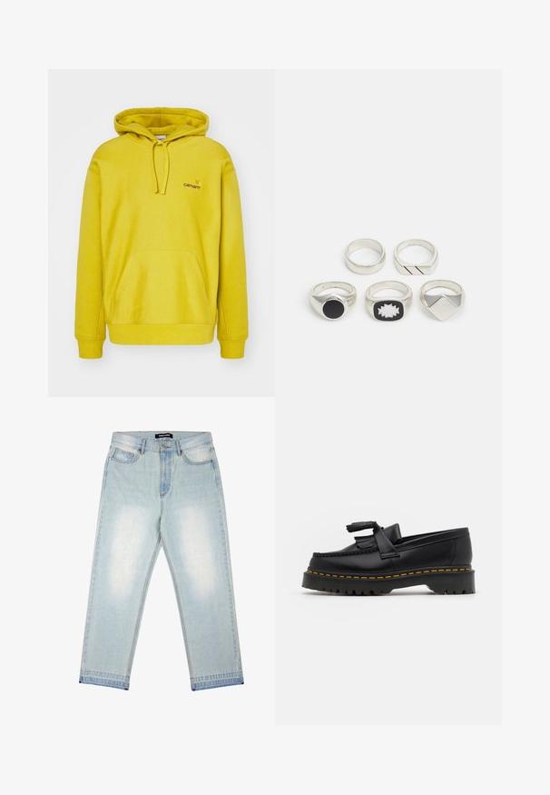 Keltainen huppari, joka on valmistettu puuvillasekoitteesta. Siinä on edessä kenguru-tasku, ribbaustekniikalla valmistetut hihansuut ja pieni logo rinnassa.; Pegador BARROW - Loose fit -farkut - sand washed blue; Musta nahkakengät, joissa on tupsuakkentti, paksu musta pohja ja keltainen ommel reunassa. Rakeinen pinta.; Viisi hopeista rengasta: yksi mustalla pyöreällä yksityiskohdalla, yksi valkoisella ja mustalla geometrisella kuviolla, ja muut eri muodoilla ja viimeistelyillä.