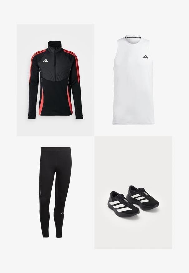 adidas Performance TIRO24 WINTERIZED - Sweatshirt - black/shock red; White sleeveless athletic tank top made of smooth fabric. Features a black logo on the left chest and a patterned black neckline.; Black athletic leggings made of stretchy material, featuring a high waistband, reflective accents, and a logo near the ankle. Smooth texture.; Pair of black Adidas Adizero running shoes with white stripes and laces on white background, positioned side by side.