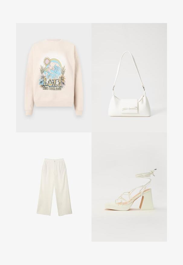 Felpa beige con un design grafico colorato che mostra montagne, onde, sole e fiori. Testo "ROXY" in evidenza.; Pantaloni a gamba larga in tessuto crema con una texture liscia, caratterizzati da un singolo bottone frontale, pieghe sottili e un design a vita alta.; Sandalo bianco con tacco alto, caratterizzato da un design a cinturini e un legaccio alla caviglia. Texture liscia con una piattaforma frontale per un'altezza aggiuntiva.; Borsa sintetica bianca a forma triangolare, con patta anteriore piatta e dettaglio a fiocco, tracolla regolabile, texture liscia e design minimalista.
