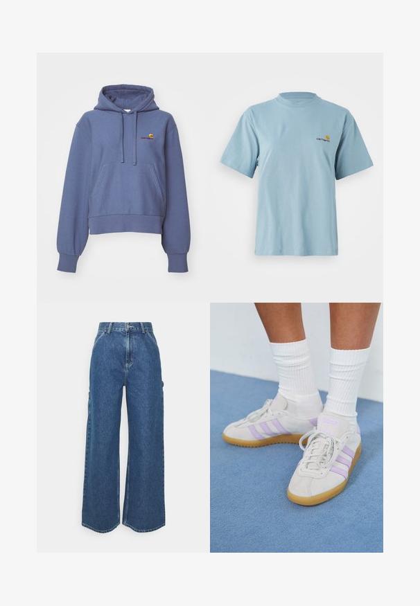 Blue cropped hoodie made of soft fabric, featuring a front kangaroo pocket, drawstring hood, and embroidered logo on the chest.; Light blue short-sleeve cotton t-shirt with round neck and small yellow and red Carhartt logo on left chest.; Wide-leg blue denim trousers with a high waist, contrasting stitching, and side pockets, featuring a classic five-pocket design and raw hems.; Light gray suede sneakers with three lilac stripes, gum rubber sole, flat laces, and white ribbed socks. Set against a blue background.