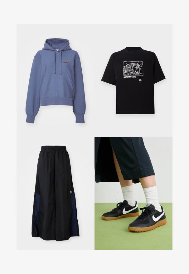 Modra skrajšana kapuca iz mehkega materiala, z sprednjim kenguru žepom, kapuco z vrvico in vezanim logotipom na prsih.; Črn T-majica iz bombaža s kratkimi rokavi. Na sprednji strani ima belo grafiko pajkove mreže in logo. Preprost okrogli izrez.; Črne široke hlače iz lahkega materiala, z morsko modrim stranskim panelom in elastičnim pasom. Majhna bela oznaka na dnu.; Črne usnjene in sintetične superge z belim Nike swooshom, gumo na podplatu, okroglo konico ter črnimi vezalkami. Vidne so rebraste bele nogavice.