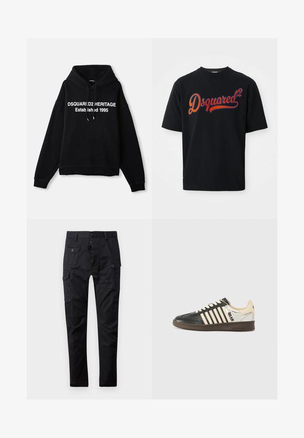 Must musta taga musta tõmblukuga kapuutsiga, millel on keskne valge graafik, mis ütleb "DSQUARED2 HERITAGE Asutatud 1995." Omab eesmist taskut ja reguleeritavat kapuutsi.; Must have lühikeste varrukatega must T-särk, millel on rindkeres suur punane ja sinine "Dsquared²" logo.; Mustad mustad püksid, valmistatud vastupidavast kangast, millel on mitmed taskud, nööbivaat ja sirge jala disain. Sile tekstuur ja mati viimistlus.; Mustad ja kreemjad tennisetossud valgete triipudega, nahast ja sünteetilistest materjalidest, ümar varvas ja pehmendatud kaelus. Eriline logo küljel.