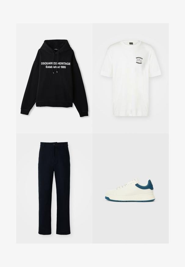 Felpa nera con cappuccio in pile, con una grafica centrale di testo bianco che recita "DSQUARED2 HERITAGE Fondato 1995." Presenta una tasca frontale e un cappuccio regolabile con cordoncino.; T-shirt bianca in cotone con collo rotondo e maniche corte. Presenta un logo ricamato nero sul lato sinistro del petto. Texture liscia.; Pantaloni color blu navy in cotone, con design a gamba dritta, chiusura con bottone frontale e vita classica con passanti per cintura.; Sneaker bianca con una finitura liscia, dettagli testurizzati blu attorno al collo e una suola spessa. Presenta lacci rotondi e un design a bassa altezza.