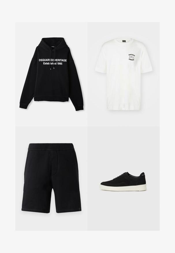 Un hoodie en polaire noir avec un texte graphique blanc central indiquant "DSQUARED2 HERITAGE Établi en 1995." Il comprend une poche avant et un capuche avec cordon.; T-shirt en coton blanc avec un col rond et des manches courtes. Présente un logo noir brodé sur la poitrine gauche. Texture lisse.; Shorts de sport noirs en matériau doux ; dotés d'une taille élastique, de deux poches latérales et de surpiqûres contrastantes.; Baskets en daim noir avec un design à lacets et une semelle en caoutchouc blanc contrastant. Comprend des panneaux latéraux texturés et un logo subtil sur le talon.