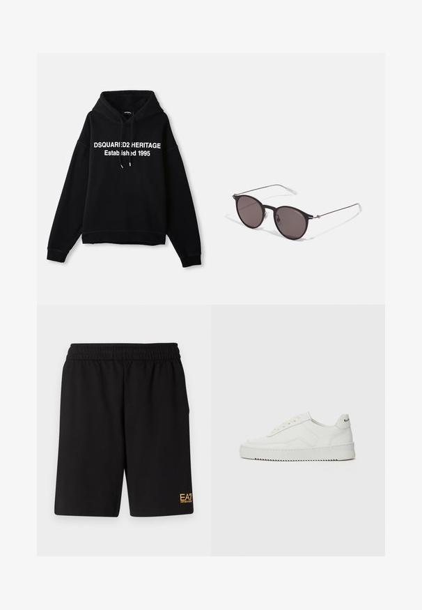 Juodas vilnonis gobtuvas su centriniu baltu grafišku tekstu, rašančiu "DSQUARED2 HERITAGE Įkurtas 1995." Yra priekinė kišenė ir reguliuojamas gobtuvas.; Juodas medvilninis marškinėliai su apvaliu iškirpu, trumpomis rankovėmis ir baltu "EMPORIO ARMANI" logotipu virš "Milano" kreivame dizaino.; Juoda sportinė šortai, pagaminti iš minkštos medžiagos, su elastingu diržu ir maža geltona EA7 logo apatinėje kairėje kojoje.; Balti odiniai sportiniai bateliai su lygia apdaila, apvaliu pirštu, plokščiais raišteliais ir tekstūruotu padu. Pasižymi subtiliu logotipu ant kulno.; Juodos apvalios saulės akinių su tamsiais lęšiais ir plonomis metalinėmis šakomis. Įtraukti skaidrūs šventyklų galai ir sidabriniai akcentai vyrio srityje. Minimalistinis dizainas.