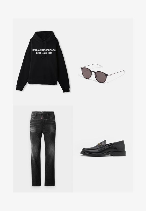 Sweatshirt de felpa preto com um texto gráfico central branco a dizer "DSQUARED2 HERITAGE Estabelecido em 1995." Apresenta um bolso frontal e capuz com cordão.; T-shirt de algodão preta com gola redonda, mangas curtas e o logo "EMPORIO ARMANI" em branco acima de "Milano" num design curvo.; Jeans de denim preto com um corte reto. Apresentam áreas desbotadas, ligeira degradação, design clássico de cinco bolsos e um fecho de botão.; Mocassins de couro preto com bico arredondado, apresentando detalhes em metal dourado e costura, montados sobre uma sola de borracha texturizada e baixa.; Óculos de sol redondos pretos com lentes escuras e hastes metálicas finas. Inclui pontas de templo transparentes e detalhes em prata na dobradiça. Design minimalista.