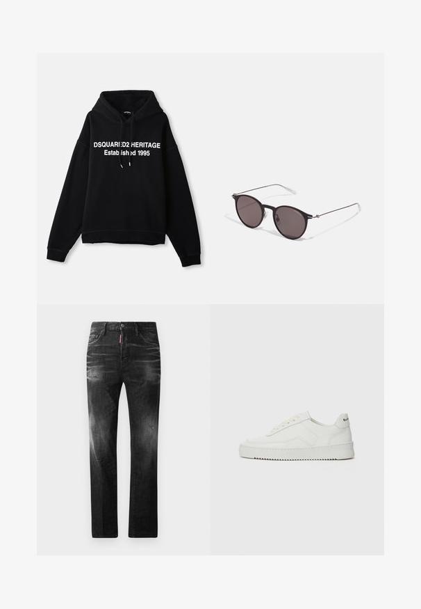 Un hoodie en polaire noir avec un texte graphique blanc central indiquant "DSQUARED2 HERITAGE Établi en 1995." Il comprend une poche avant et un capuche avec cordon.; T-shirt en coton noir avec un col rond, des manches courtes et le logo "EMPORIO ARMANI" en blanc au-dessus de "Milano" dans un design incurvé.; Jean en denim noir avec une coupe droite. Présente des zones décolorées, un léger effet usé, un design classique à cinq poches et une fermeture à bouton.; Baskets en cuir blanc avec une finition lisse, bout arrondi, lacets plats et semelle texturée. Présente un logo discret sur le talon.; Lunettes de soleil noires rondes avec verres sombres et branches en métal fines. Comprend des embouts transparents et des accents argentés au niveau de la charnière. Design minimaliste.