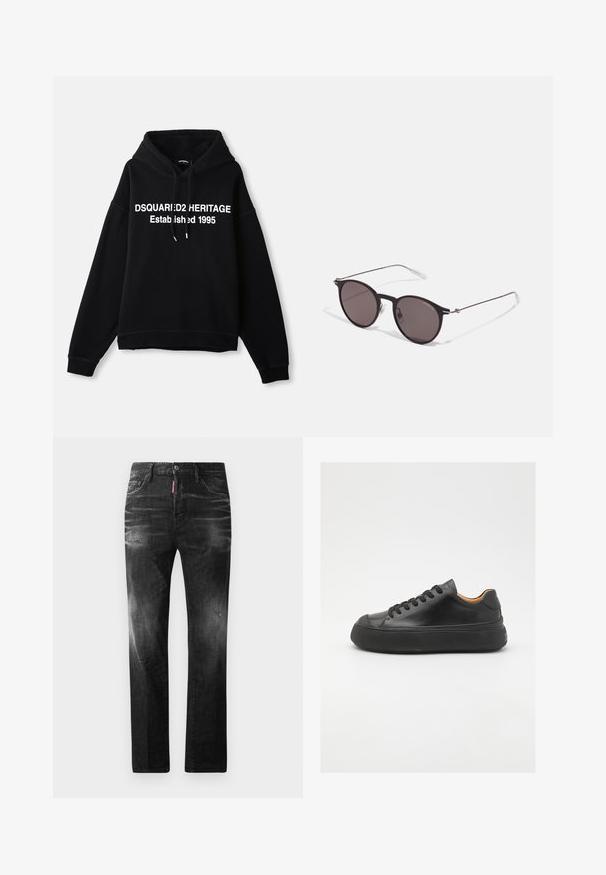 Black fleece hoodie with a central white graphic text reading "DSQUARED2 HERITAGE Established 1995." Features a front pocket and drawstring hood.; Black cotton T-shirt featuring a round neckline, short sleeves, and "EMPORIO ARMANI" logo in white above "Milano" in a curved design.; Black denim jeans with a straight fit. Features faded areas, minor distressing, classic five-pocket design, and a button closure.; Black leather sneaker with a round toe, lace-up front, smooth texture, thick rubber sole, and contrasting tan interior.; Black round sunglasses with dark lenses and slim metal arms. Includes clear temple tips and silver accents at the hinge. Minimalist design.