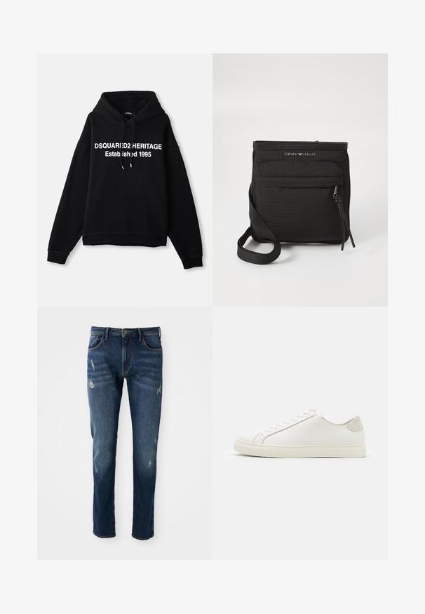Zwarte fleece hoodie met een centraal wit grafisch tekst dat luidt "DSQUARED2 HERITAGE Established 1995." Bevat een voorkant zak en een trekkoord capuchon.; Donkerblauwe denim jeans met slim fit, lichte slijtage op de dijen en knieën, klassiek vijf-pocket ontwerp en knoopsluiting.; Witte leren sneaker met een gladde oppervlakte, ronde neus en minimalistisch ontwerp. Heeft beige accenten op de hiel en een rubberen zool.; Zwarte Emporio Armani schoudertas met voorzak met rits, verstelbare strap en logo-detail op gestructureerde stof.