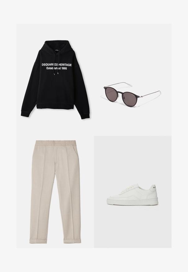Hanorac negru din fleece cu un text grafic alb central care citește "DSQUARED2 HERITAGE Fondat 1995." Include o buzunar frontal și o glugă cu șnur.; Filippa K TERRY CROPPED TROUSERS - Pantaloni - sage melange; Sneakers din piele albă cu un finisaj neted, vârf rotund, șireturi plate și o talpă texturată. Prezintă un logo subtil pe călcâi.; Ochelari de soare negri rotunzi cu lentile întunecate și brațe metalice subțiri. Include vârfuri transparente pentru brate și accente argintii la balama. Design minimalist.