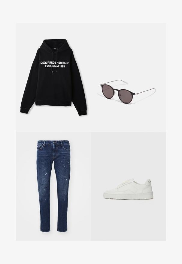Hanorac negru din fleece cu un text grafic alb central care citește "DSQUARED2 HERITAGE Fondat 1995." Include o buzunar frontal și o glugă cu șnur.; Jeans din denim de culoare albastru închis, cu o croială slim, prezentând stropi de vopsea, cusături vizibile și un design standard cu cinci buzunare. Croială dreaptă a piciorului.; Sneakers din piele albă cu un finisaj neted, vârf rotund, șireturi plate și o talpă texturată. Prezintă un logo subtil pe călcâi.; Ochelari de soare negri rotunzi cu lentile întunecate și brațe metalice subțiri. Include vârfuri transparente pentru brate și accente argintii la balama. Design minimalist.