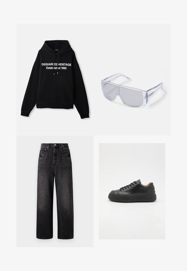 Sort fleece-hoodie med en central hvid grafisk tekst, der læser "DSQUARED2 HERITAGE Established 1995." Har en frontlomme og snøre i hætten.; Sorte denim jeans med løstsiddende pasform, høj talje, fem lommer og synlig knaplukning. Har diskret falmning og lige ben design.; Sort lædersneaker med rund tå, snørebånd foran, glat overflade, tyk gummisål og kontrasterende tan inderside.; Solbriller med en klar plastikramme og mørkt tonede linser, med et wraparound-design og teksturerede sideaccenter.