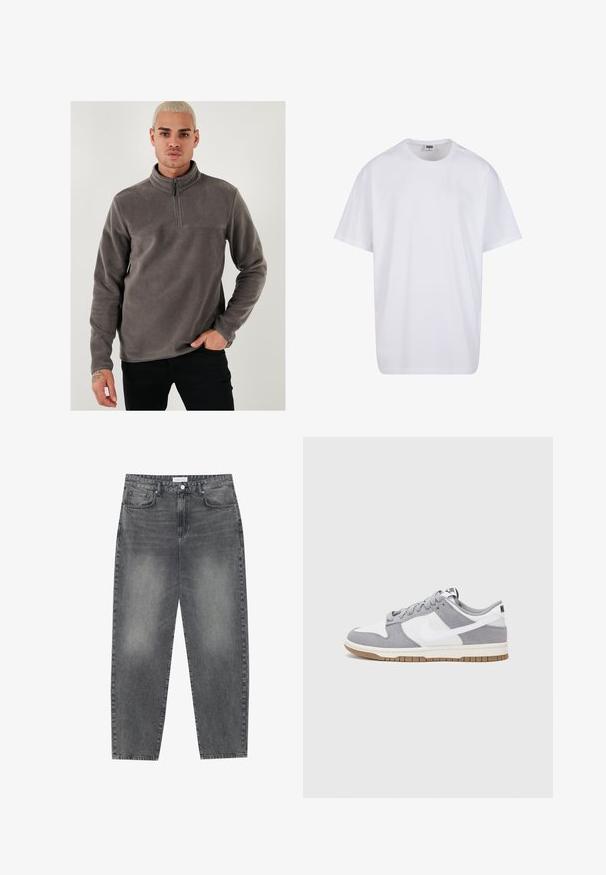 Siv pulover iz flisa s ovratnikom na četrt zadrgo, dolgimi rokavi in gladko teksturo. Opojen z enostavnim šivom čez prsi.; Bela bombažna majica s kratkimi rokavi, okroglim izrezom, sproščenim krojem in brez vidnih logotipov ali vzorcev. Gladka tekstura in minimalen dizajn.; Visoko pasovi, široke kavbojke iz obledelog črnega denima. Imajo pet žepov, zanke za pas in čisto, ravno obliko nog. ; Sive in bele teniske s suknim in usnjem zgornjim delom, zaobljenim nosom, ravnimi vezalkami in gumijastim podplatom z dodatkom gumijaste barve.