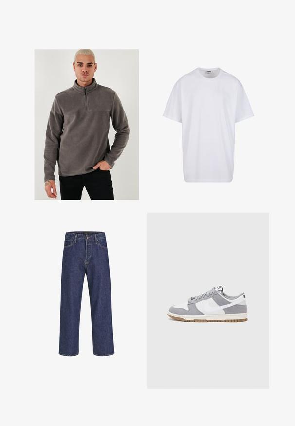 Šedý polarový pulóver s golierom na štvrtinový zips, dlhými rukávmi a hladkou textúrou. Ozdobený jednoduchým švom cez hrudník.; Biela bavlnená tričko s krátkymi rukávmi, okrúhlym výstrihom, uvoľneným strihom a žiadnymi viditeľnými logami alebo vzormi. Hladká textúra a minimálny dizajn.; Tmavomodré džínsy s rovnom strihom, dizajnom s piatimi vreckami, kovovým zapínaním a kontrastným prešívaním, ktoré majú jemnú štruktúru.; Sivé a biele tenisky s vrchom z semišu a kože, zaoblenou špičkou, plochými šnúrkami a gumovou podrážkou s akcentom vo farbe gumy.