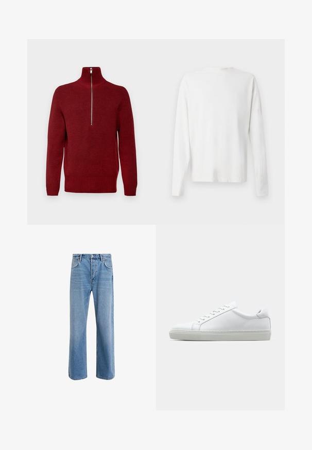 Roter Zip-Kragen-Pullover mit strukturiertem Strickmuster, langen Ärmeln, gerippten Bündchen und Saum, mit einem silbernen Reißverschluss am Kragen.; Langärmliges weißes Baumwollhemd mit rundem Ausschnitt, seitlichen Schlitzen am unteren Rand und glatter Textur, von hinten präsentiert.; Helle blaue Jeans im Geradeschnitt-Design, mit fünf Taschen, Knopfverschluss, minimaler Ausbleichung und kontrastierenden Nähdetails.; Weißer Sneaker mit glattem Lederobermaterial und niedrigem Profil. Verfügt über eine runde Zehenpartie, sechs Ösen und eine strukturierte Gummisohle.