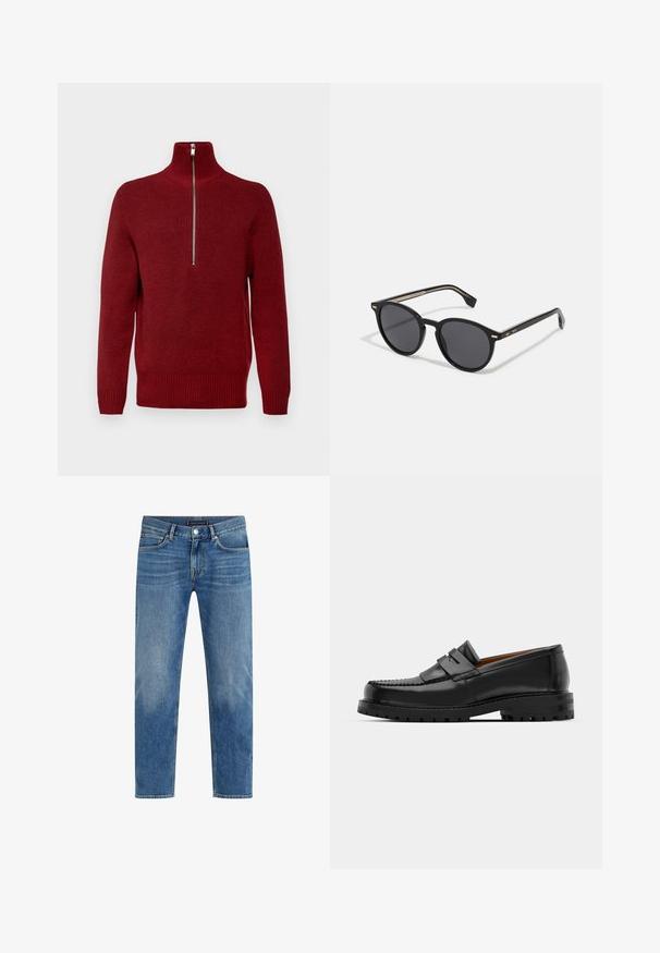 Roter Zip-Kragen-Pullover mit strukturiertem Strickmuster, langen Ärmeln, gerippten Bündchen und Saum, mit einem silbernen Reißverschluss am Kragen.; Hellblaue Denim-Jeans mit geradem Bein, ausgewaschenem Look, fünf Taschen, kontrastierender Nähte und einem vorderen Knopfverschluss.; Schwarze Lederloafer verfügen über eine erhöhte Naht, zwei dekorative Riemen im oberen Bereich und eine dicke, strukturierte Sohle für zusätzlichen Halt.; BOSS Sonnenbrille - black