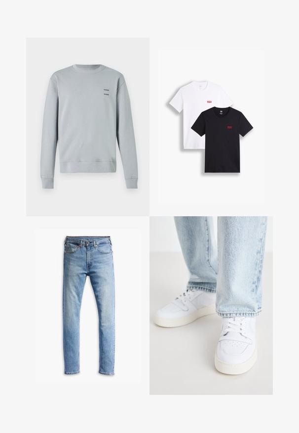Svietlo šedý mikina vyrobená z jemného materiálu, s okrúhlym výstrihom, rebrovanými manžetami a spodným lemom, s dvoma čiernymi logami "SAMSØE" na hrudi.; Dvoje tričiek s krátkymi rukávmi: jedny biele a jedny čierne. Obe z bavlny s červeným logom Levi's na hrudi. Jednoduchý dizajn s okrúhlym výstrihom.; Svetlomodré džínsy s rovnými nohavicami, piatimi vreckami, zapínaním na gombík a jemným vyblednutím po celej látke.; Biele kožené nízke tenisky s perforovanou špičkou, plochými šnúrkami a minimalistickým dizajnom. Skombinované s svetlomodrými džínsami.