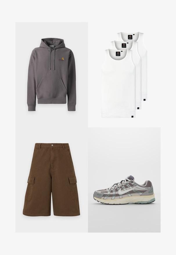 Felpa grigia realizzata in tessuto morbido, con tasca frontale, cappuccio regolabile con coulisse e un piccolo logo ricamato sul petto.; Tre canotte bianche a coste in cotone. Presentano un colletto rotondo e piccole etichette nere vicino all'orlo. Disponibile in diverse taglie.; Pantaloni cargo marroni con taglio dritto, due tasche laterali e chiusura frontale con bottone. Realizzati in resistente tessuto di cotone con finitura opaca.; Scarpa sportiva grigia con tomaia in mesh e suede, dettagli bianchi, suola ammortizzata e un design distintivo con elementi riflettenti.