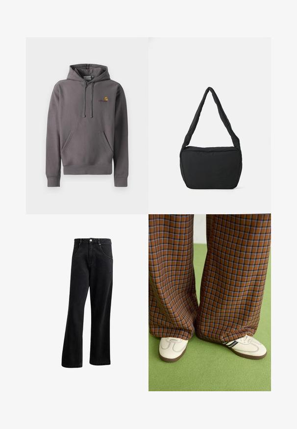 Grijze hoodie van zacht materiaal, voorzien van een voorzak, een verstelbare capuchon met koord en een klein geborduurd logo op de borst.; Zwarte denim jeans met een recht gesneden ontwerp, voorzien van voorzakken, een knoopsluiting en een lichte textuur. Inclusief een subtiele logo-detail.; Bruine en blauwe geruite wijde broek, gecombineerd met witte schoenen met zwarte accenten en een gestructureerde zool, gezet tegen een groene achtergrond.; Zwarte schoudertas met een gewatteerde textuur, een ronde vorm en een brede schouderband, met een reliëflogo aan de voorkant.