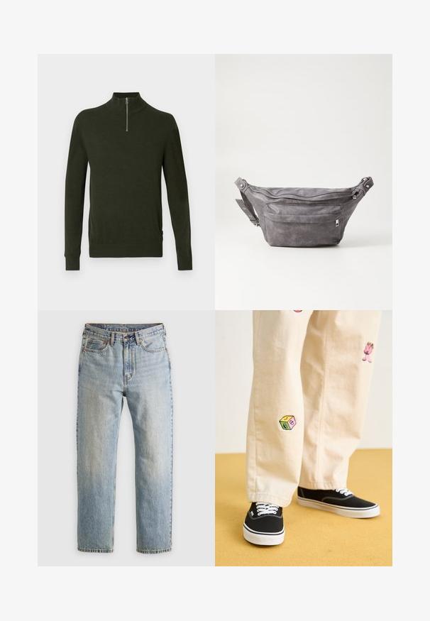 Pulover verde închis, cu guler înalt și închidere cu fermoar pe jumătate. Fabricat dintr-un material moale, texturat. Mânecile și tivul sunt elasticizate.; Jeans din denim de culoare albastru deschis, cu talie înaltă, nasture frontal, fermoar și design cu cinci buzunare, așezate platesc pe un fundal neutru.; Pantaloni din bumbac bej cu modele brodate jucăușe, inclusiv un personaj roz și un bloc colorat, asortați cu teniși negri cu șireturi.; Borseta gri din suede, cu o formă rotunjită, două compartimente cu fermoar și curea ajustabilă. Are accente din metal.
