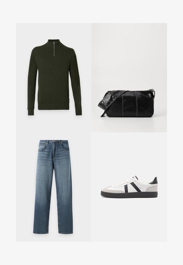 Tumedat rohelised sviitrid kõrge kraega ja poolsiidiga lukuga. Valmistatud pehmest, tekstuuriga materjalist. Ribiga käe- ja allservad.; Sirged sinise denimist teksad sirgjoonesega, heledama pesuga, viie tasku disainiga, metallnööpide ja vöörihmadega. Kindel, keskmise raskusega kangas.; Valged tossud mustade ja hallide aktsentidega, tekstureeritud halli varbakattega, musta kummitald ja lamedad valged paelad. Puhtad jooned, minimalistlik stiil.; Must mustra nahkainine õlakott, millel on tõmblukk, tekstureeritud pind, valged õmblused ja rihm hõbedaste rõngastega.