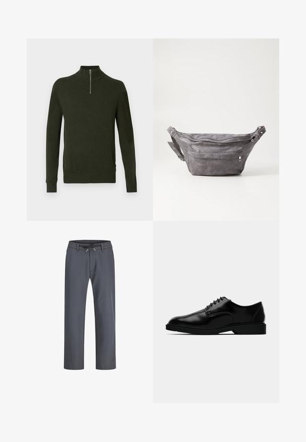 Dunkelgrüner Pullover mit hochgeschlossenem Kragen und einem Halbzip-Verschluss. Hergestellt aus einem weichen, strukturierten Material. Mit gerippten Bündchen und Saum.; Grau, elastische Bundhose mit Kordelzug. Gerades Bein Design, aus glattem Stoff gefertigt, mit minimaler Naht und ohne sichtbare Hardware.; Schwarze Lederdressschuhe mit glatter Oberfläche, rundem Zehenbereich, schnürbarem Design und unauffälliger Gummisohle für besseren Halt.; Graue Wildleder-Gürteltasche mit runder Form, zwei mit Reißverschluss verschlossenen Fächern und verstellbarem Trageriemen. Mit metallischen Hardware-Akzenten.