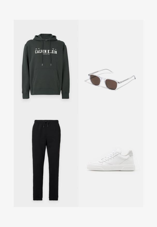 Σκοτεινό πράσινο φόρμα από βαμβάκι με καγκουρό τσέπη, κουκούλα με κορδόνι και λευκό λογότυπο "CALVIN KLEIN". Διαθέτει ριμπ μπορέ και τελειώματα.; Μαύρες φόρμες από βαμβάκι με ελαστική μέση και ρυθμιζόμενο κορδόνι; διαθέτουν πλευρικές τσέπες και στενές μανσέτες στον αστράγαλο.; Λευκά δερμάτινα αθλητικά παπούτσια με απλή επιφάνεια, στρογγυλή μύτη, επίπεδα κορδόνια και ανάγλυφη σόλα. Γκρι σουέτ λεπτομέρεια στη φτέρνα.; Διαφανή πλαστικά γυαλιά ηλίου με ορθογώνιους καφέ φακούς, με λεπτούς, διαφανείς βραχίονες και μεταλλικές λεπτομέρειες στους βραχίονες.