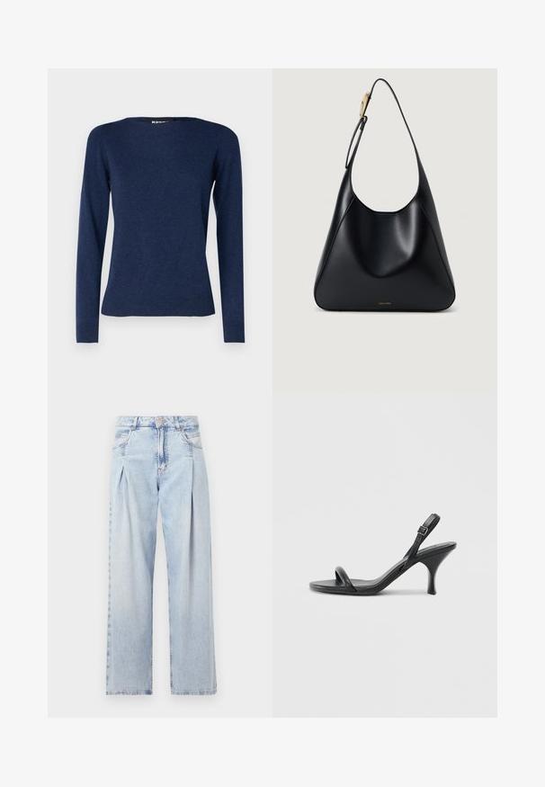 Repeat Džemper - night; Heledad sinise denimist valmistatud teksapüksid kõrge vöökohaga, laia jala lõikega, kahe külje taskuga ja pleedi disainiga. Pehme tekstuur ja pleekinud viimistlus.; Mustad nahast kõrgete kontsadega sandaalid, millel on saledad, kõverad kontsad ja ristatud rihma disain. Reguleeritav pahkluu rihm. Sile tekstuur.; Must mustriba mustkott, millel on sile tekstuur, kõver siluett ja kuldne riistvara aksent. Omab reljeefset brändilogo alusel.