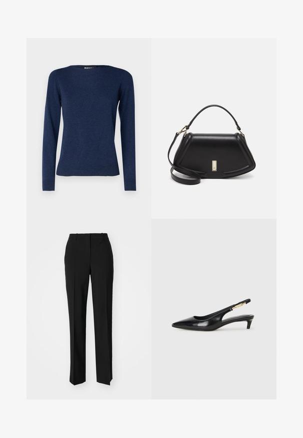 Repeat Strickpullover - night; Schwarze, taillierte Hose mit geradem Bein, aus einem glatten Stoff und mit klaren Falten an der Vorderseite. Keine sichtbare Hardware.; Schwarze Leder-Slingback-Pumps mit spitzem Schuhblatt, ausgestattet mit einem schlanken Absatz und einem goldfarbigen Akzent am verstellbaren Riemen. Glatte Textur.; Schwarze Lederhandtasche mit einem strukturierten Design, das eine verkürzte Form, einen oberen Griff und goldfarbene Hardware-Details aufweist. Verstellbarer Schulterriemen ist enthalten.