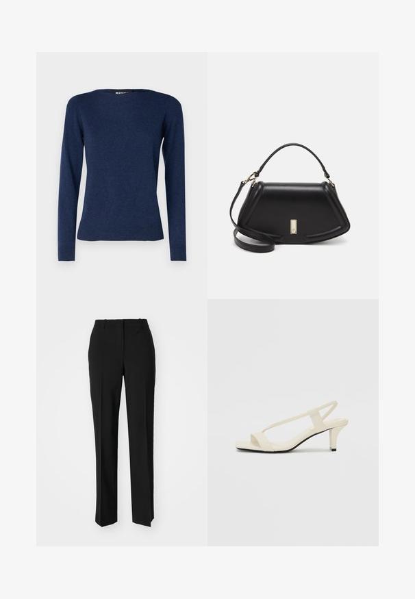 Repeat Strickpullover - night; Schwarze, taillierte Hose mit geradem Bein, aus einem glatten Stoff und mit klaren Falten an der Vorderseite. Keine sichtbare Hardware.; Beige Blockabsatzsandalen mit dünnen Riemen und quadrater Spitze. Glattes Material mit minimalem Design, entworfen für einfaches Tragen.; Schwarze Lederhandtasche mit einem strukturierten Design, das eine verkürzte Form, einen oberen Griff und goldfarbene Hardware-Details aufweist. Verstellbarer Schulterriemen ist enthalten.