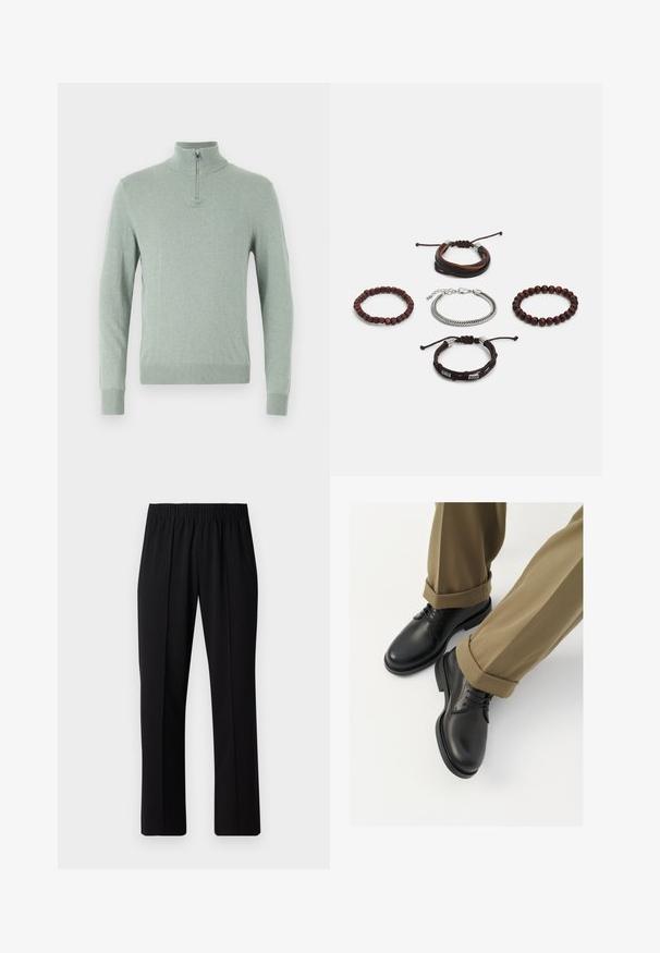 Fitted long-sleeve sweater in light green, featuring a high collar with a quarter zip, ribbed hem, and cuffs, made from a soft knit material.; Black, elastic-waist trousers with a straight-leg design, featuring a smooth texture and no visible patterns or hardware.; Black leather dress shoes with a smooth finish, featuring laces and a rounded toe, paired with rolled-up khaki trousers.; Set of five bracelets featuring brown leather, wooden beads, and a silver chain; varying textures and shapes, with adjustable closures.
