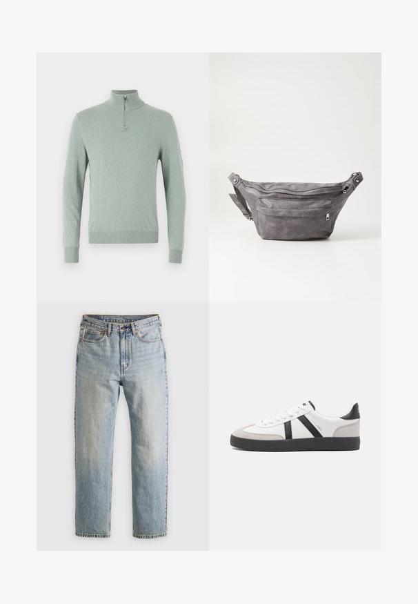 Säravroheline vormikohane pikkade varrukatega sviiter, millel on kõrge kaelus ja veerandi lukuga kaunistus, ribikant ja mansetid, valmistatud pehmest kudumisest.; Heledad hele sinine teksapükste kõrge vöökoht, ees nupuga, lukuga ja viie taskuga disain, asetatud tasasele neutraalsele taustale.; Valged tossud mustade ja hallide aktsentidega, tekstureeritud halli varbakattega, musta kummitald ja lamedad valged paelad. Puhtad jooned, minimalistlik stiil.; Hallikate nahast vöö kott, millel on ümar kuju, kaks tõmblukuga taskut ning reguleeritav rihm. Varustatud metallist detailide aktsentidega.