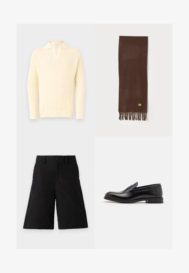 Kreemi värvi sviiter, millel on tekstureeritud kudum, sügav V-kaelus ja kraega disain. Ribitud varrukaotsad ja äär rõhutavad stiili.; Mustad mustrid, mis on valmistatud puuvilla segu kangast, sirge lõikega, ees nupu sulgemisega, küljetaskutega ja sileda tekstuuriga.; Mustad mustad nahast loafers sileda tekstuuriga, ümarat ninaosa ja dekoratiivne riba vampi üle. Madal kihiline konts, minimalistlik disain.; Pruun sall, mis on valmistatud pehmest kangast, franje äärestusega ja väikese karu logoga alumises nurgas. Lihtne ja ristkülikuline disain.
